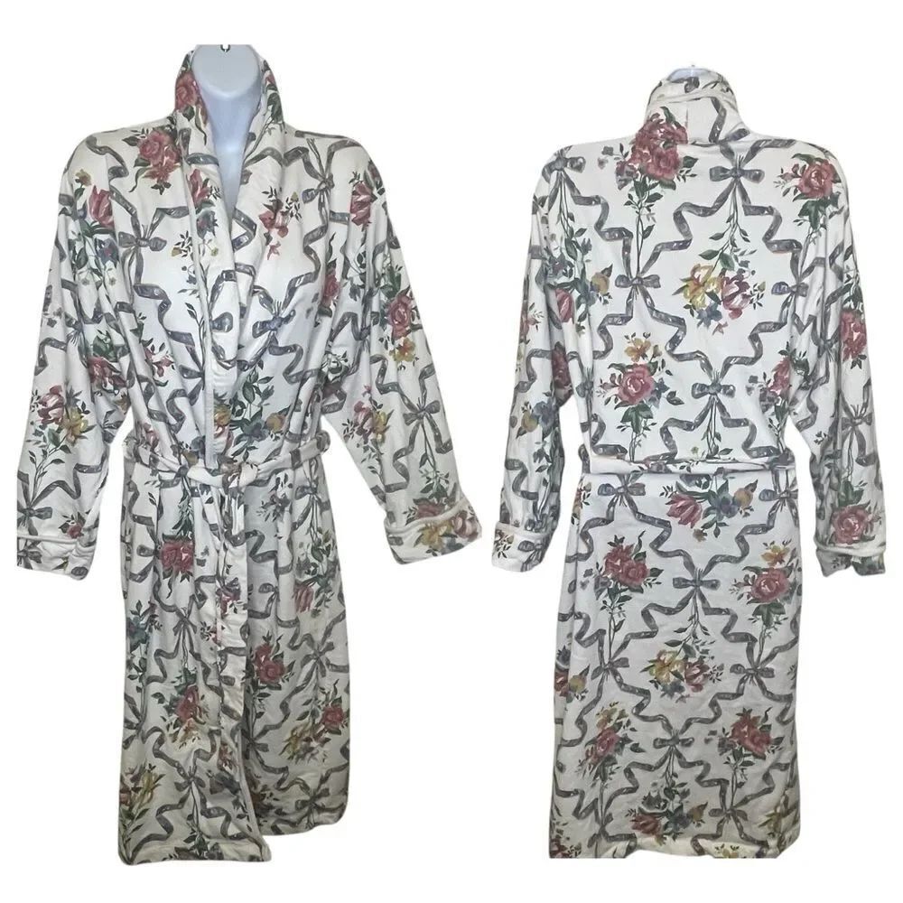 Vintage RARE Gold Label Victorias Secret 100% Cotton Robe White Pink Gray XS / S